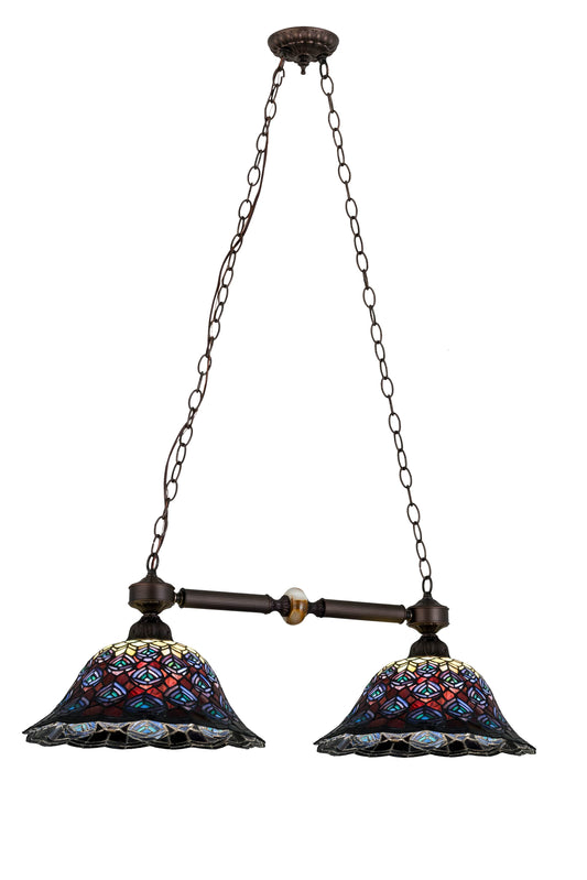 Tiffany Peacock Feather 2 Light 24" Wide Linear Chandelier with Tiffany Glass Shade