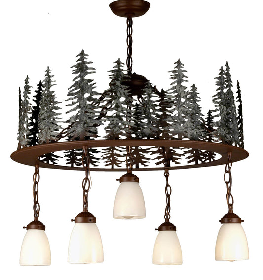 Tall Pines 5 Light 28" Wide Chandelier with White Glass Shade