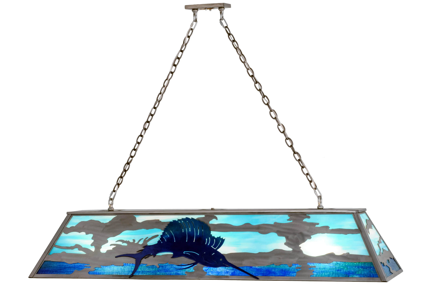 Sailfish 9 Light 61" Wide Linear Chandelier with Blue Glass Shade