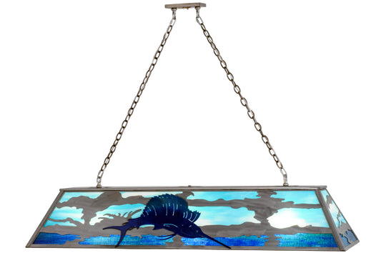 Sailfish 9 Light 61" Wide Linear Chandelier with Blue Glass Shade