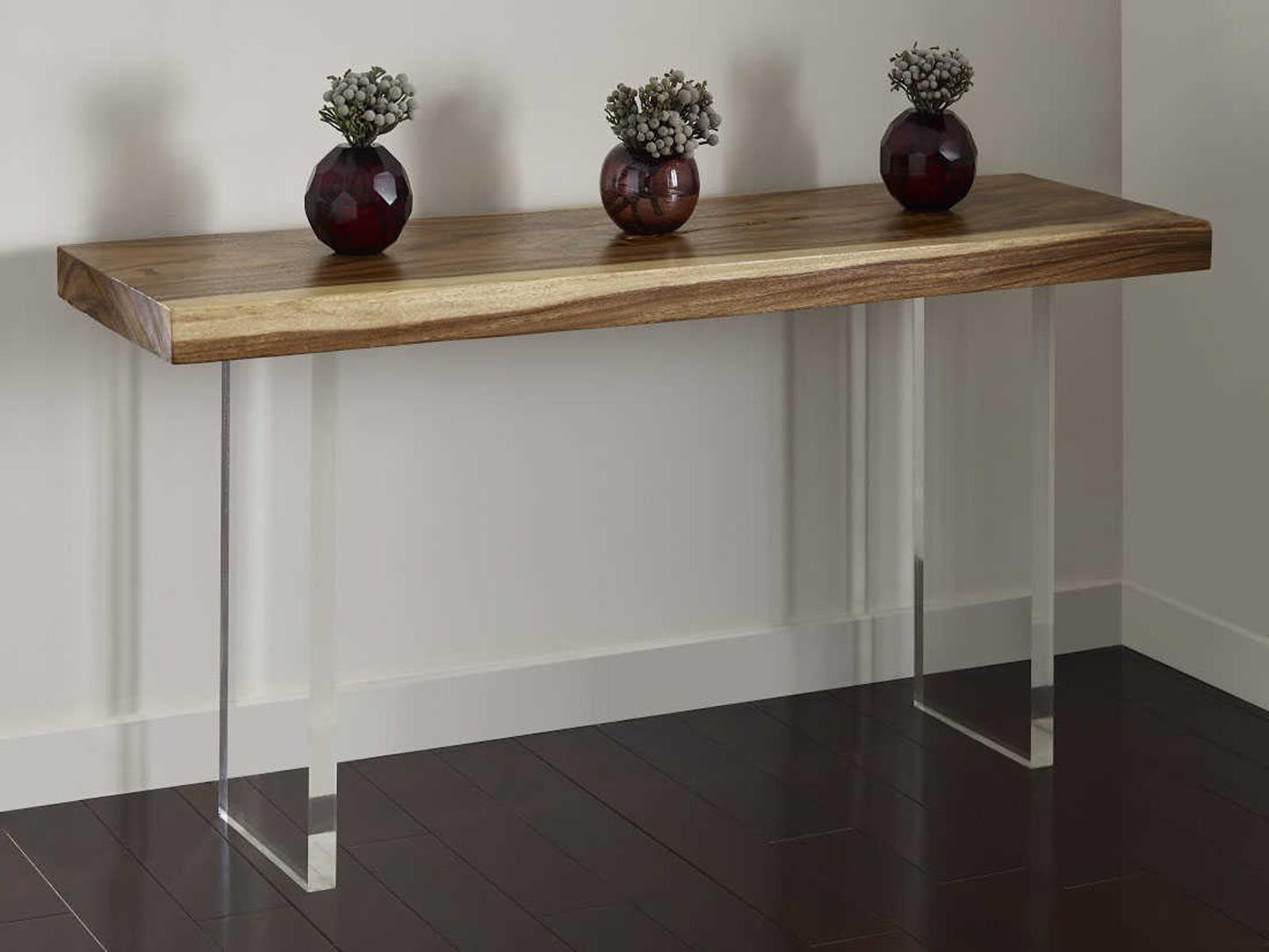 Floating Chamcha Wood Console Table with Acrylic Legs in Natural