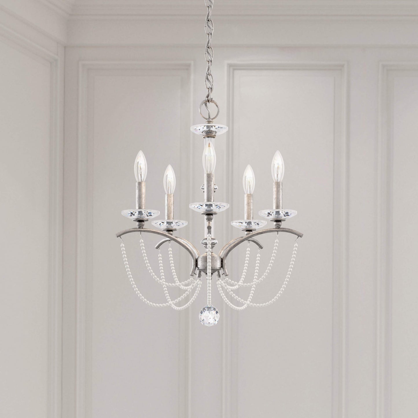 Priscilla 5 Light 18" Wide Crystal Chandelier with White Pearl Beads