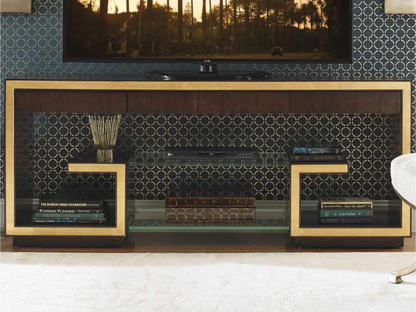 Bel Aire 72-Inch Rodeo Media Console Walnut Wood and Brushed Brass