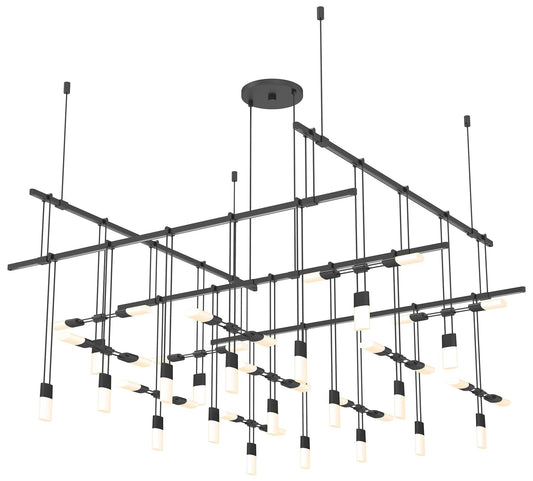 Suspenders 36" 2-Tier Satin Black Grid Pendant with Etched Luminaires