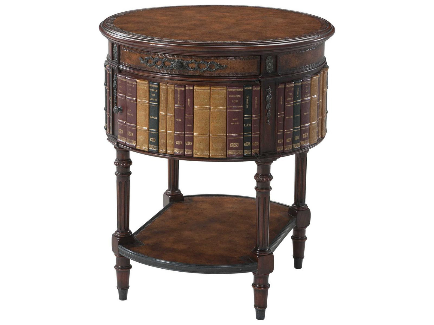 Louis XVI Library Side Table with Faux Book Panel in Acacia and Leather