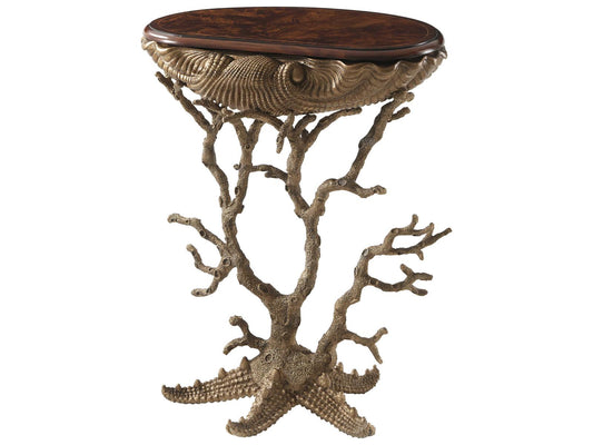 Renaissance Oval Wood Flame Figured Veneer Aluminum Gilt Grotto End Table