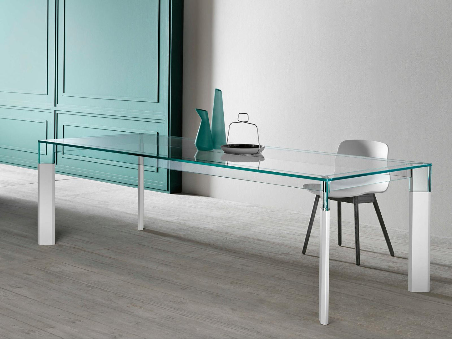 Perseo Rectangle Extra Clear Glass Dining Table with Customizable Wood Legs