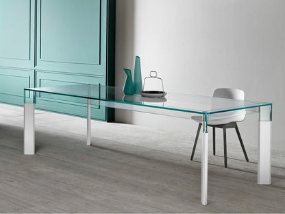 Perseo Rectangle Extra Clear Glass Dining Table with Customizable Wood Legs