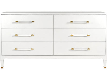 Maren 6-Drawer Dresser in Textured White Linen with Acrylic and Brass Hardware