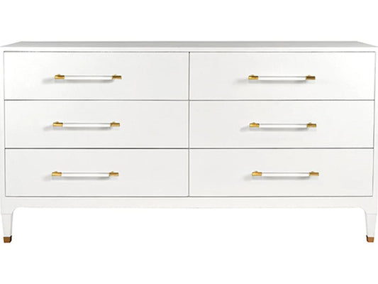 Maren 6-Drawer Dresser in Textured White Linen with Acrylic and Brass Hardware